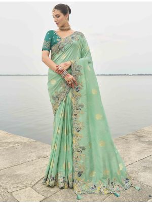Sea Green Viscose Tissue Silk Designer Saree