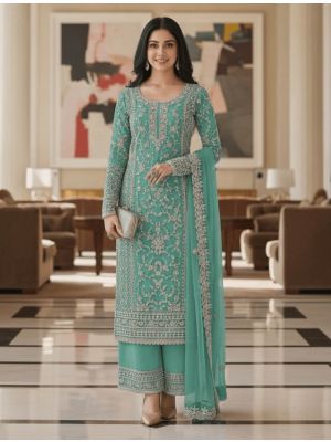 Seafoam Green Butterfly Net Semi Stitched Salwar Kameez small FABSL22515