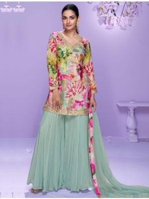 Seafoam Green Chinon Silk Free Size Ready To Wear Palazzo Suit small FABSL22396