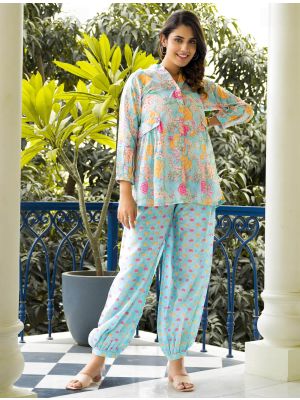 seafoam green muslin cotton digital printed co ord set swatch fabku20981