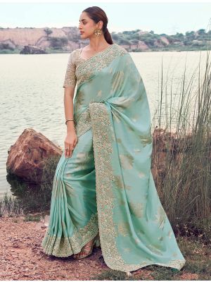Seafoam Green Tissue Silk Jacquard Embroidered Designer Saree