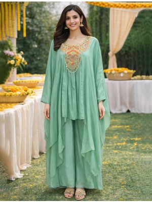 seafoam green viscose chinon flowy kurta palazzo set fabku21171