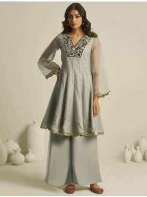 silver grey tissue kurta bottom set with hand work fabku21166