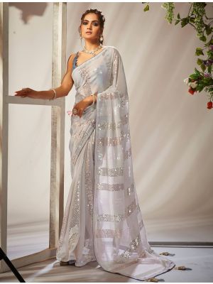 Silver White Georgette Party Wear Saree With Sequins