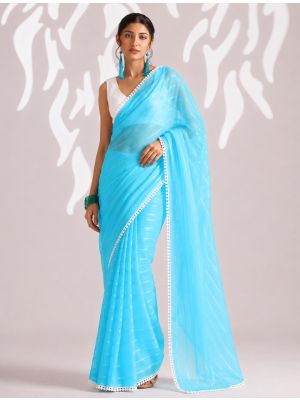 Sky Blue Chiffon Ready-To-Wear Saree With Unstitched Blouse