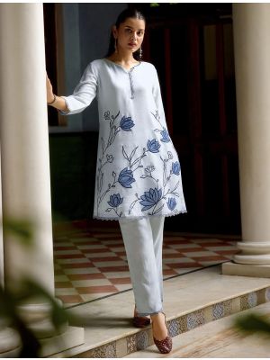 sky blue chinon embroidered co ord set fabku21174