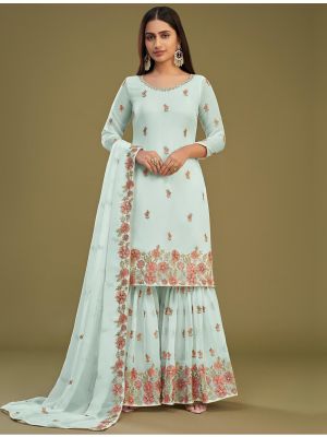 Sky Blue Georgette Semi Stitched Embroidered Sharara Suit small FABSL21681