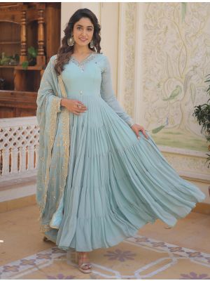 sky blue georgette sequined anarkali gown with dupatta fabgo20285