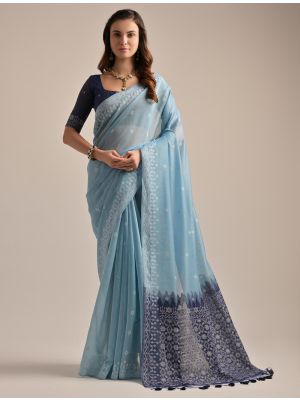 Sky Blue Muga Cotton Saree With Jamdani Weaving