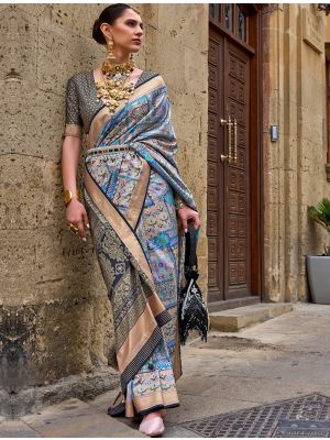 Sky Blue Printed Silk Party Wear Saree With Woven Zari