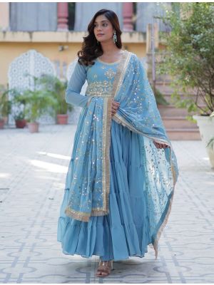 sky blue star georgette anarkali gown with dupatta fabgo20360