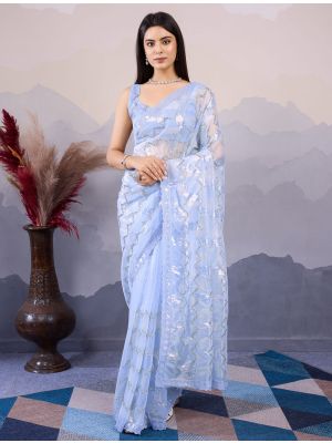 Sky Blue Twill Net Stylish Party Wear Saree