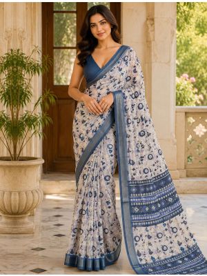 Soft Blue Linen Silk Floral Print Saree