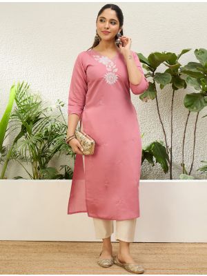 soft dusty pink silk blend embroidered kurti fabku21218