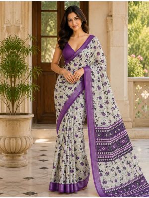 Soft Grey Linen Silk Floral Print Saree