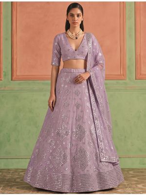 Soft Lavender Organza Embroidered Lehenga Choli With Foil Mirror Work small FABLE20635