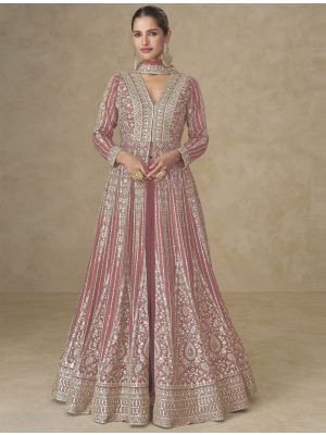 Soft Pink Chinon Free Size Ready To Wear Anarkali Dress small FABSL22407