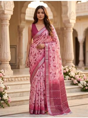 Soft Pink Linen Silk Floral Print Saree