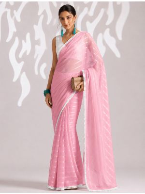 Soft Rose Pink Chiffon Ready-To-Wear Saree With Unstitched Blouse