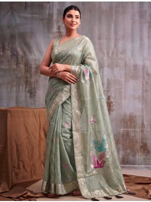 Soft Sage Green Linen Cotton Saree With Antique Zari Work