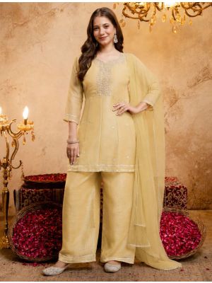 Soft Yellow Crunchy Silk Embroidered Ready To Wear Salwar Kameez swatch FABSL22570