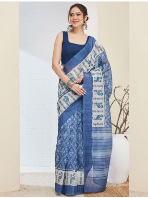 Steel Blue Silk Blend Printed Ready To Wear Saree