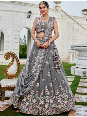 Steel Grey Tissue Embroidered Ready To Wear Lehenga small FABLE20498