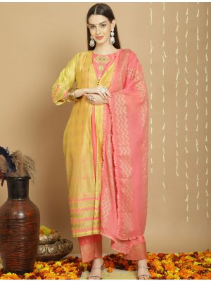 Sunny Yellow Chanderi Silk Semi Stitched Salwar Suit small FABSL21737