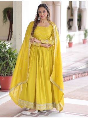 sunny yellow vichitra silk gown with dupatta fabgo20401