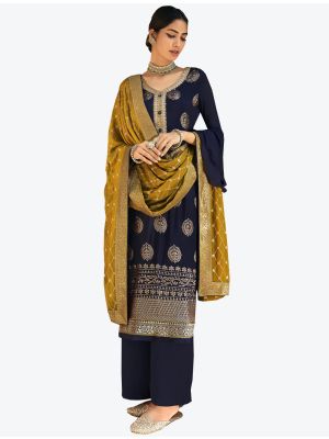 Navy Blue Chinon Chiffon Dress Material with Dupatta small FABSL20356