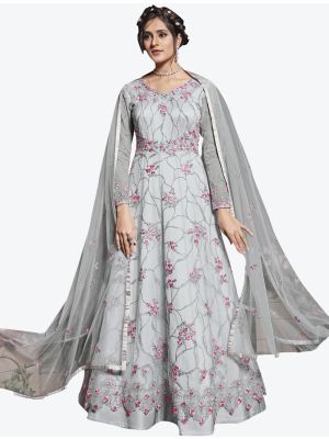 Bluish Grey Net Semi Stitched Floor Length Suit with Dupatta FABSL20399