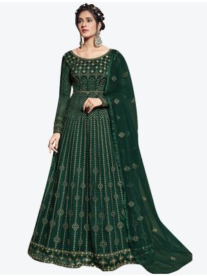 Bottle Green Net Semi Stitched Floor Length Suit with Dupatta FABSL20398