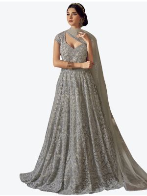 Crystal Grey Net Semi Stitched Floor Length Suit with Dupatta FABSL20393