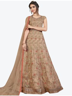 Dark Beige Net Semi Stitched Floor Length Suit with Dupatta FABSL20397
