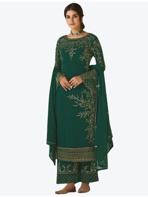 Dark Green Soft Georgette Semi Stitched Straight Suit with Dupatta small FABSL20417