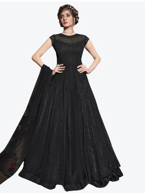 Deep Black Net Semi Stitched Floor Length Suit with Dupatta FABSL20405