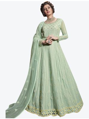Faint Green Net Semi Stitched Floor Length Suit with Dupatta FABSL20404