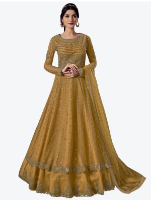 Glimmering Yellow Net Semi Stitched Floor Length Suit with Dupatta FABSL20391