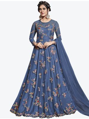 Greyish Blue Net Semi Stitched Floor Length Suit with Dupatta FABSL20403