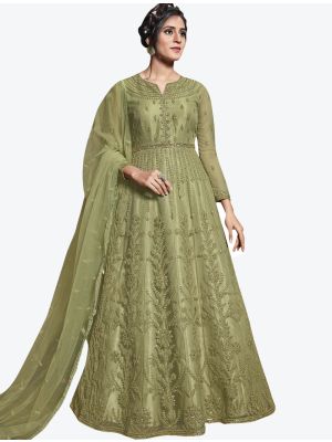 Mild Green Net Semi Stitched Floor Length Suit with Dupatta FABSL20402
