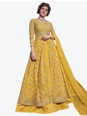 Mustard Yellow Net Semi Stitched Floor Length Suit with Dupatta FABSL20400