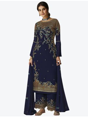 Navy Blue Soft Georgette Semi Stitched Straight Suit with Dupatta small FABSL20418