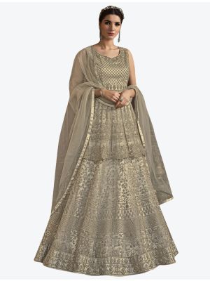 Shiny Cream Net Semi Stitched Floor Length Suit with Dupatta FABSL20395