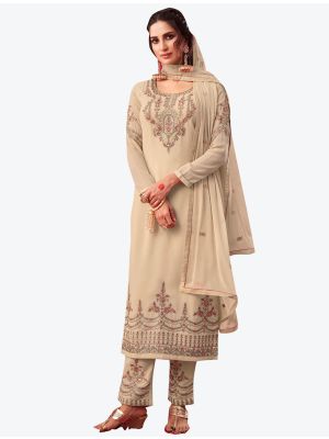 Cream Embroidered Fine Georgette Straight Suit with Dupatta small FABSL20539