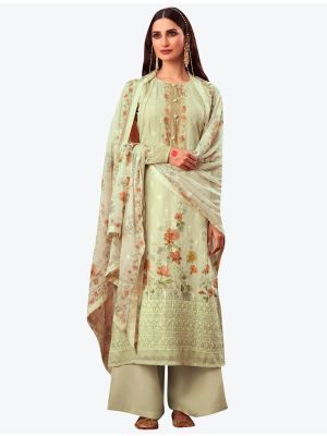 Mint Cream Embroidered Pure Georgette Straight Suit with Dupatta small FABSL20531