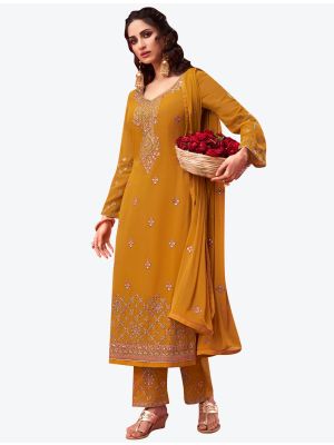 Mustard Embroidered Fine Georgette Straight Suit with Dupatta small FABSL20538
