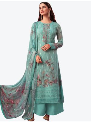 Pastel Turquoise Embroidered Pure Georgette Straight Suit with Dupatta small FABSL20530