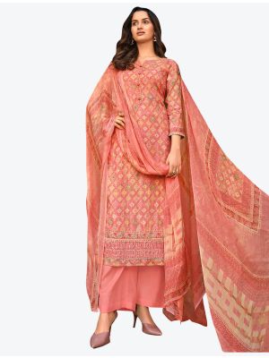 Peachy Pink Fine Muslin Straight Suit with Pure Chiffon Dupatta small FABSL20524