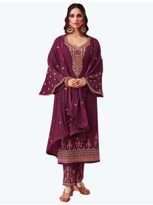 Wine Embroidered Fine Georgette Straight Suit with Dupatta small FABSL20534