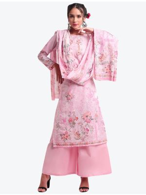 Light Pink Digital Printed Embroidered Cotton Designer Straight Suit small FABSL20579